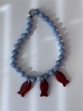 Blue Jade red jasper 3 Fish pendants Round 14 mm Beads Necklace